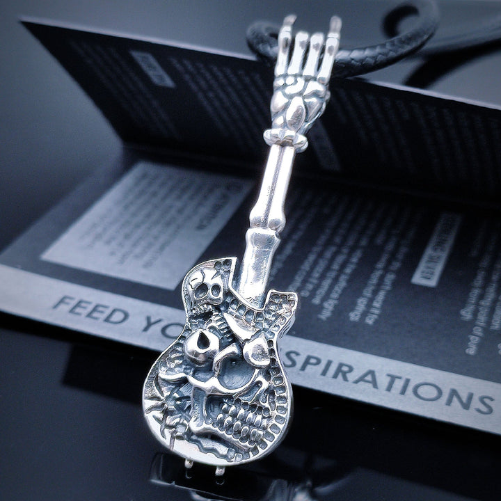 [1040] Retro Design S925 Sterling Silver Skeleton Guitar Pendant with Chain - Taffu Craft Studio