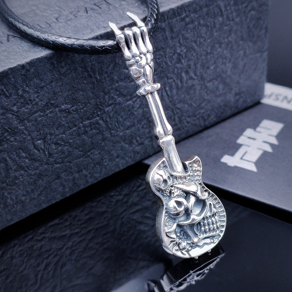 [1040] Retro Design S925 Sterling Silver Skeleton Guitar Pendant with Chain - Taffu Craft Studio