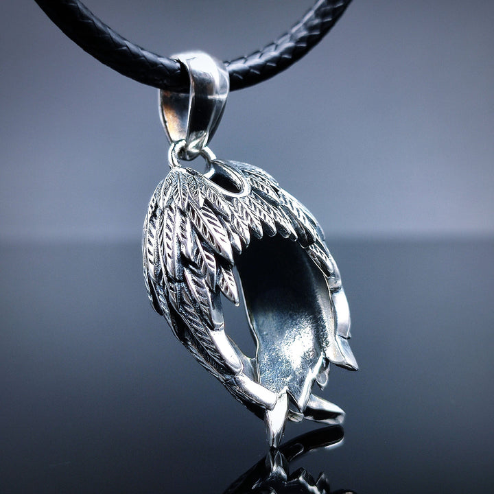 [1048] Protective Retro S925 Sterling Silver Angels Wing Pendant with Chain - Taffu Craft Studio