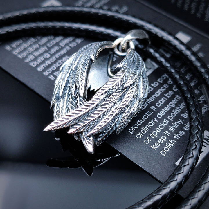 [1048] Protective Retro S925 Sterling Silver Angels Wing Pendant with Chain - Taffu Craft Studio